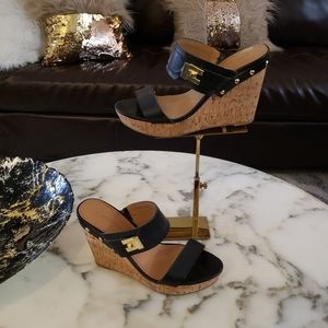 Tommy Hilfiger wedge sandals black, gold & tan cork & leather size 7